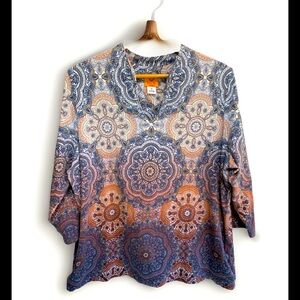 Ruby Road Women's Blue Orange Paisley Print Pullover Top V-Neck Beaded 1X